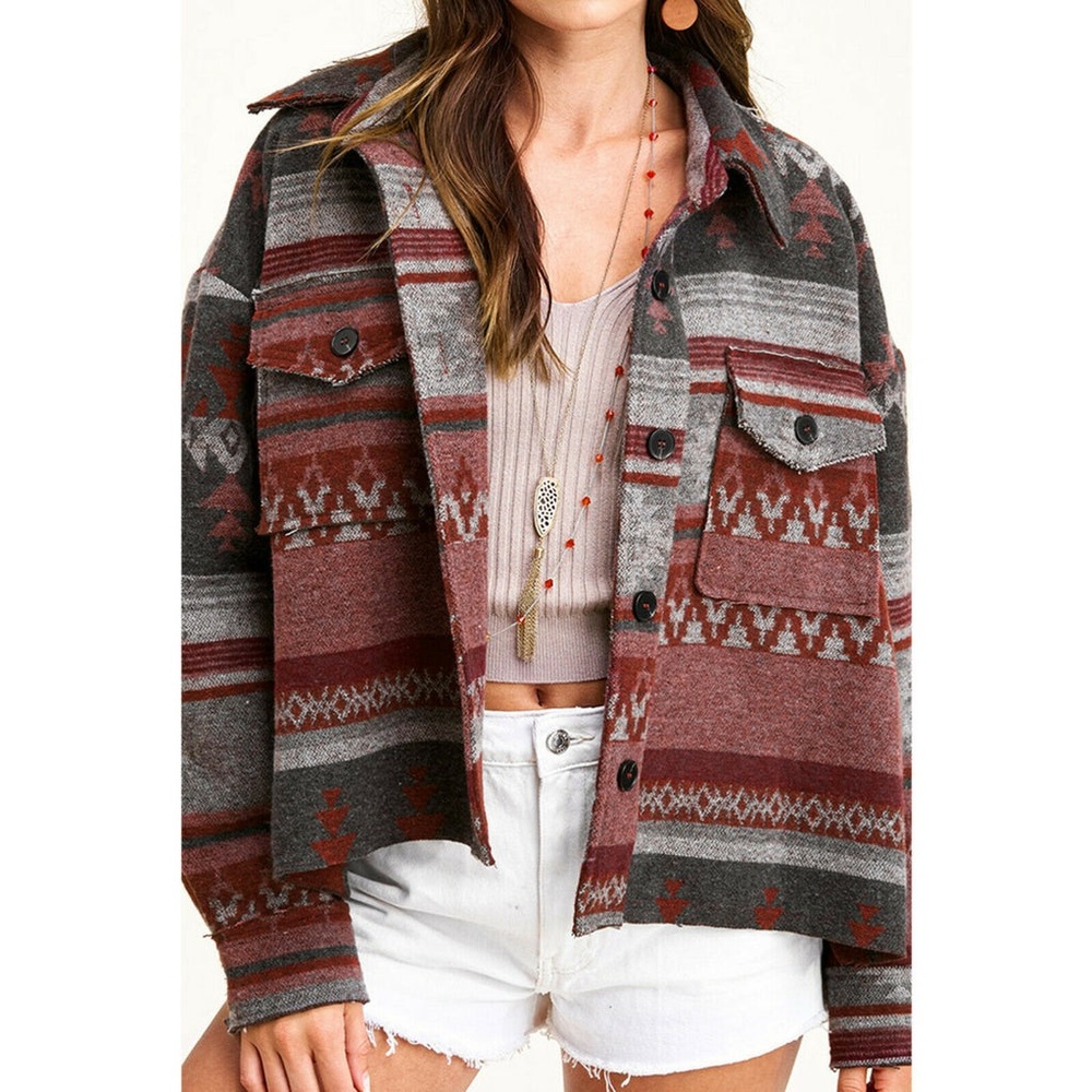 Western Aztec Multicolor Patterned Fleece Oversized Jacket